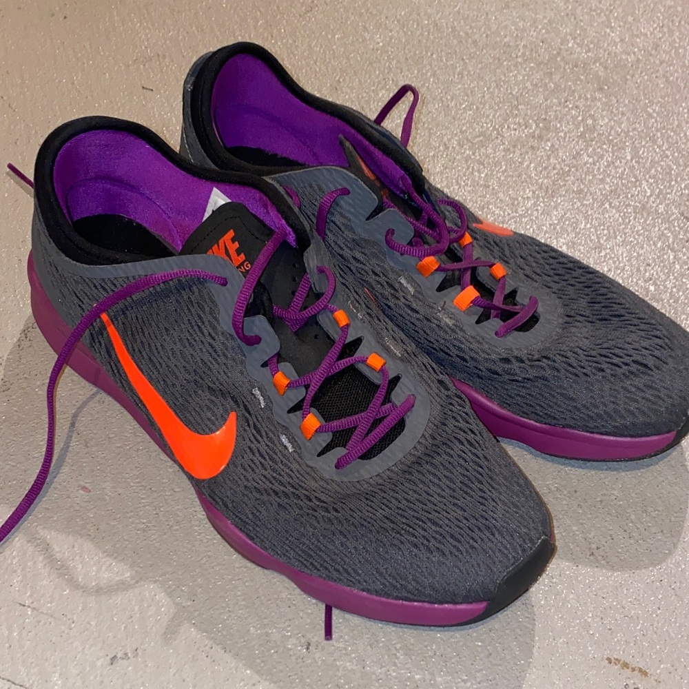 Nike Black and Purple Sneakers with Orange Swoosh